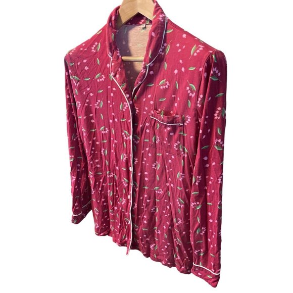 Red Button Front Long Sleeve Floral Patterned Pajama Top Sz M - Picture 3 of 6